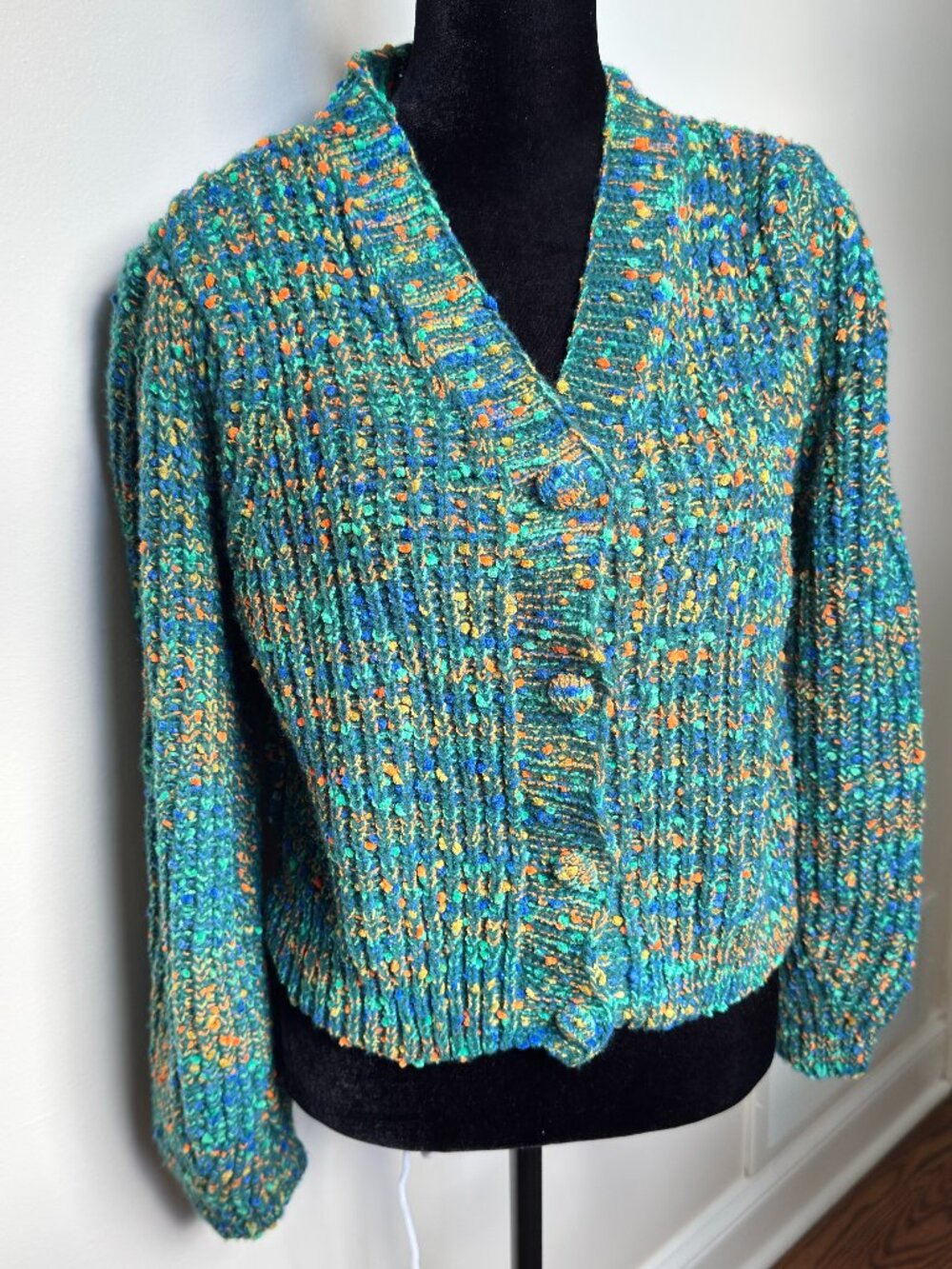 CIDER Womens XS Green Multicolor Confetti Speckled Chunky Knit Cropped Cardigan